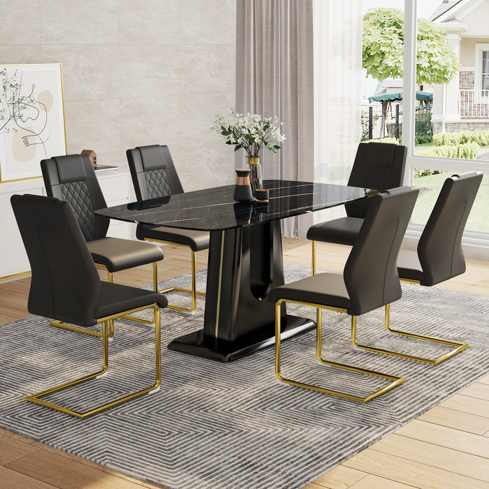 Table and chair set, minimalist dining table, imitation marble patterned glass tabletop, MDF legs with U-shaped brackets. Paired with comfortable chairs, suitable for dining and living rooms.