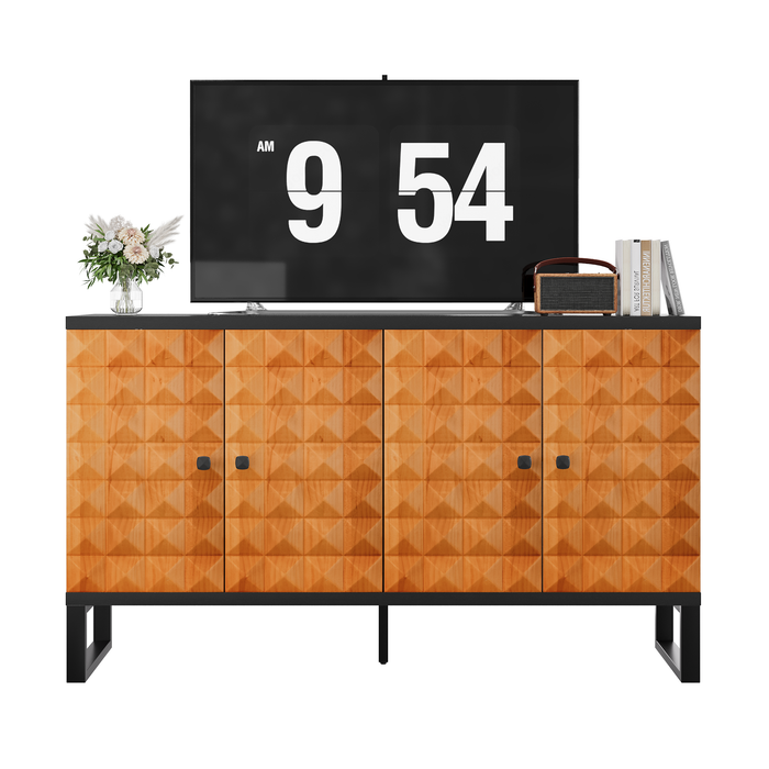 Modern Buffet Cabinet With Storage Space, Retro Style Four Door Wooden Storage Cabinet, Multifunctional Decorative Cabinet With Geometric Patterns, Suitable For Living Room, Dining Room, Entrance