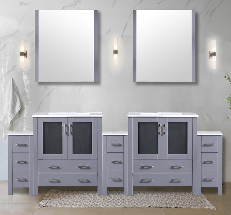 Dark Grey Double Bath Vanity 96 in. W x 18.25 in. D, with Side Cabinets, White Ceramic Top, and 28 in. Mirrors