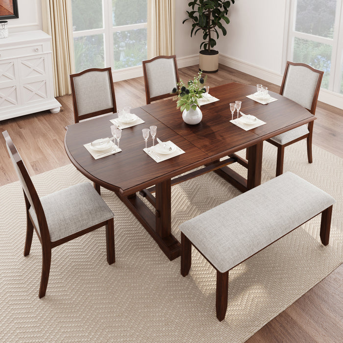 6-Piece Dining Table Set, 60inch to 78inch Extendable Wood Dining Table with Removable Leaf, Kitchen Table Set with 4 Upholstered Side Chair and Bench, Dining Table Set for 6 (Cherry)