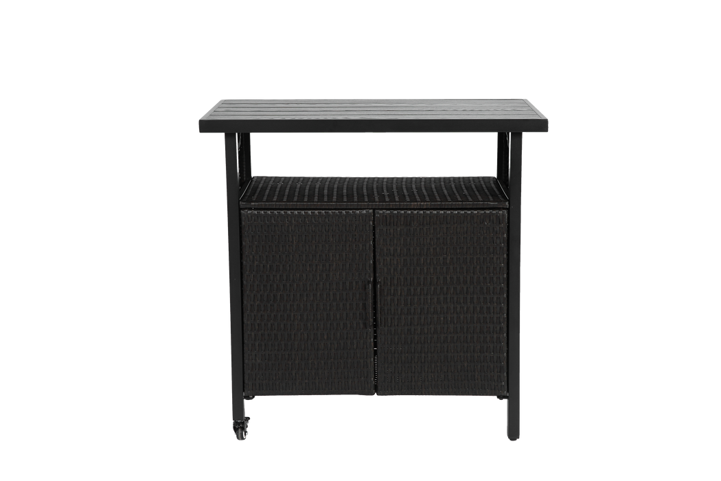 Outdoor Wicker Bar Cart, Patio Wine Serving Cart w/Wheels , Rolling Rattan Beverage Bar Counter Table w/Glass Top for Porch Backyard Garden Poolside Party, Black
