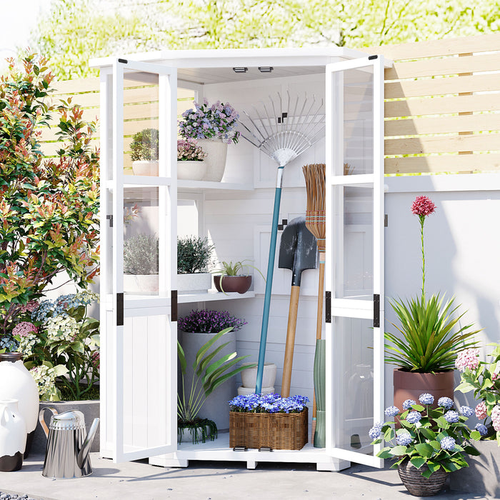 TOPMAX 63'' Height Garden Wood Storage Cabinet Outdoor Tool Storage Shed, Mini Greenhouse Cold Frame with Waterproof- Roof and Lockable Door for Backyard, Patio, Lawn, White