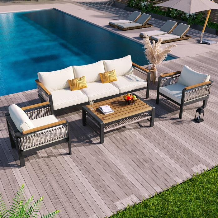 4 Pieces Outdoor Sectional Sofa Set 5-person Patio Seating Group Outdoor Conversation Set with Cushions and a Coffee Table for Patios, Gardens, or Balcony, Beige