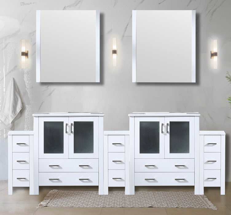 White Double Bath Vanity 96 in. W x 18.25 in. D, with Side Cabinets, and White Ceramic Top