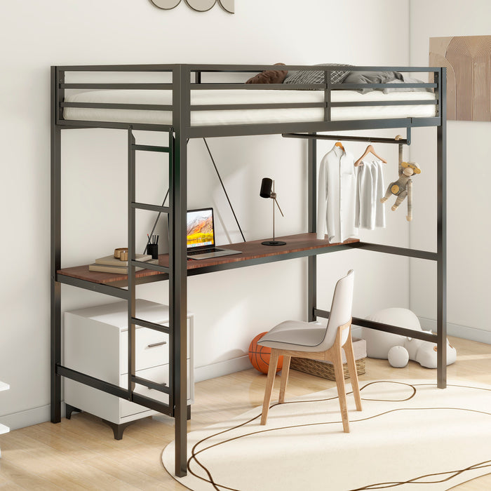 Adam Sturdy Twin Loft Bed Black with Cinnamon Wood Desk and Closet Rod for Adult and Kids, Loft Bed with Easy Climbing Ladder and Guardrails, Loft Bed Frame for Bedroom, Space Saving