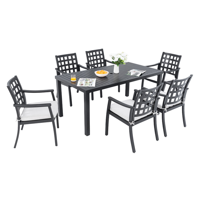 7-Piece Outdoor Patio Dining Set, a Rectangular Table and Six Stationary Dining Chairs, Cast Aluminum, Rust-Free, Textured Ember Black Finish, Sunbrella Cushions, Weather-Resistant for Garden