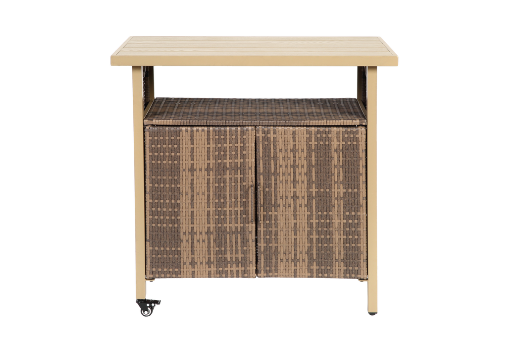 Outdoor Wicker Bar Cart, Patio Wine Serving Cart w/Wheels , Rolling Rattan Beverage Bar Counter Table w/Glass Top for Porch Backyard Garden Poolside Party, Light brown