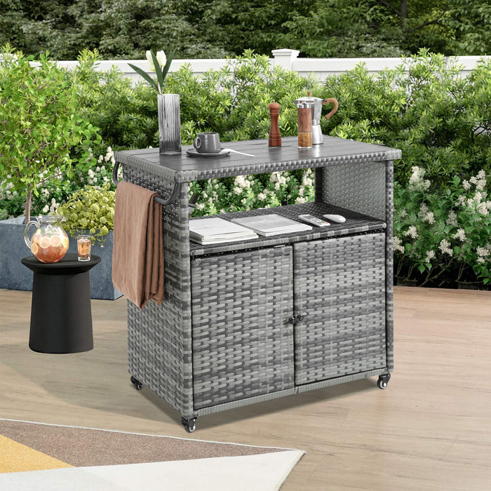 Outdoor Wicker Bar Cart, Patio Wine Serving Cart w/Wheels , Rolling Rattan Beverage Bar Counter Table w/Glass Top for Porch Backyard Garden Poolside Party, Light brown