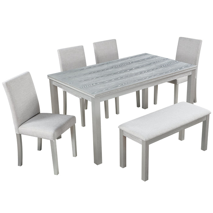 6 Piece Wooden Dining Table Set, Wooden Dining Table with 4 Upholstered Chairs and Bench for 6 People, Rectangular Dining Table Set with Crystal Decoration for Kitchen, Dining Room, Silver grey