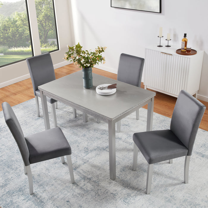 5 Piece Wooden Dining Table Set, Kitchen Table Set with a Rectangular Table and 4 Upholstered Chairs, Wooden Dining Room Table with Crystal Decoration and Chairs Set, Silver grey