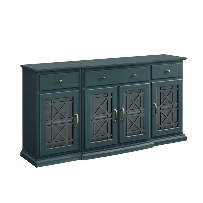 Classic Fretwork Detailed Glass-Door Sideboard - Dark Teal