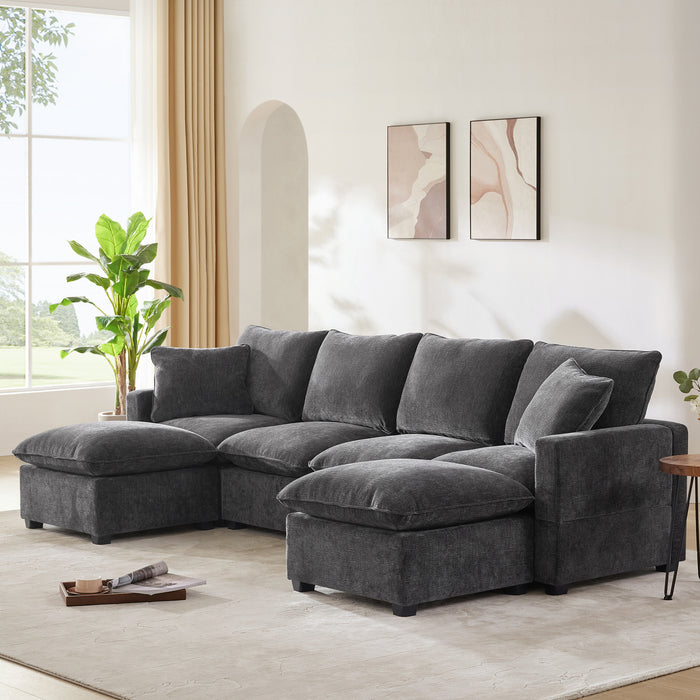 110*57' Modern U Shape Modular Sofa, 6 Seat Chenille Sectional Couch Set with 2 Pillows Included, Freely Combinable Indoor Funiture for Living Room, Apartment, Office, 2 Colors
