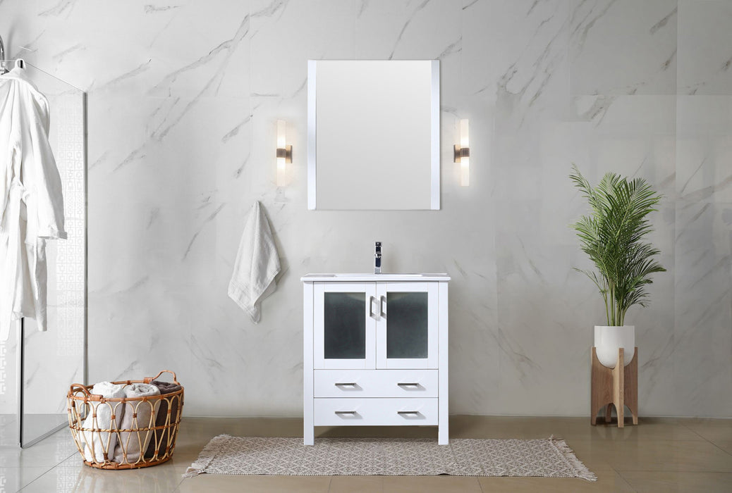 White Bath Vanity 30 in. W x 18.25 in. D, White Ceramic Top, Faucet Set, and 28 in. Mirror