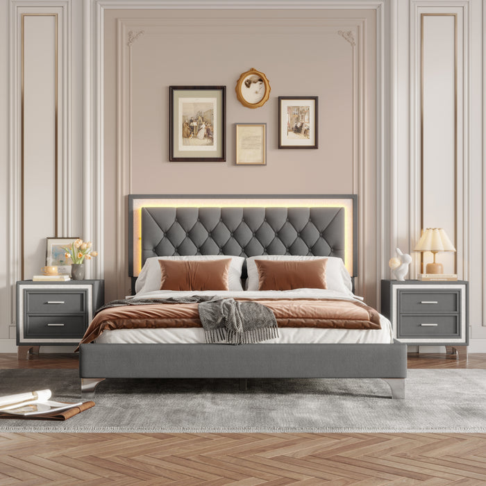 Elizabeth 3-Pieces Bedroom Sets- Queen Size Upholstered Platform Bed with LED Lights, and 2 Nightstands