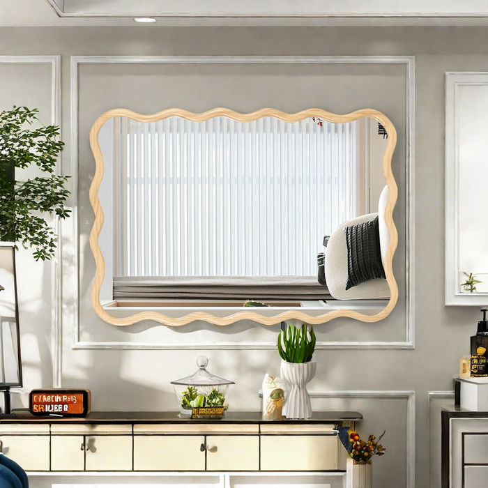 Solid Wood Wavy Rectangle  Mirror-Natural-Wood   40' x 28' Modern Mirror Wall Decor for Bathroom, Bedroom, Living Room, Dining Room, Cloakroom, Entryway