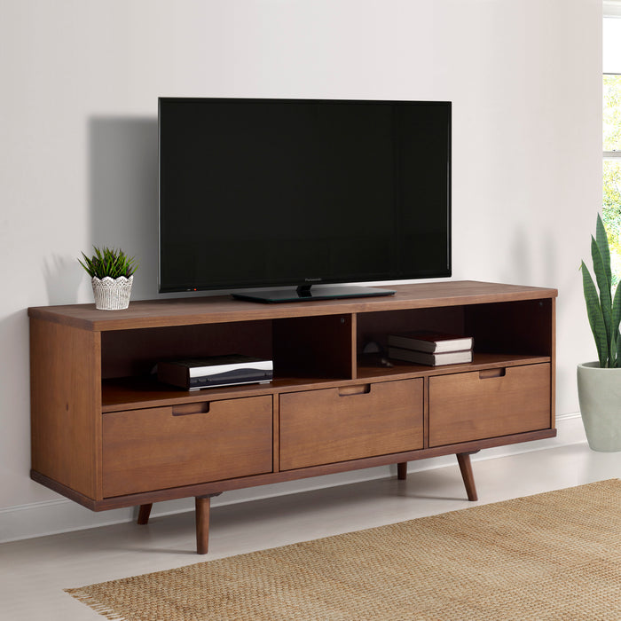 Mid-Century Modern Solid Wood 3-Drawer 58' TV Stand for 65' TVs with 2 Open Cubbies - Walnut