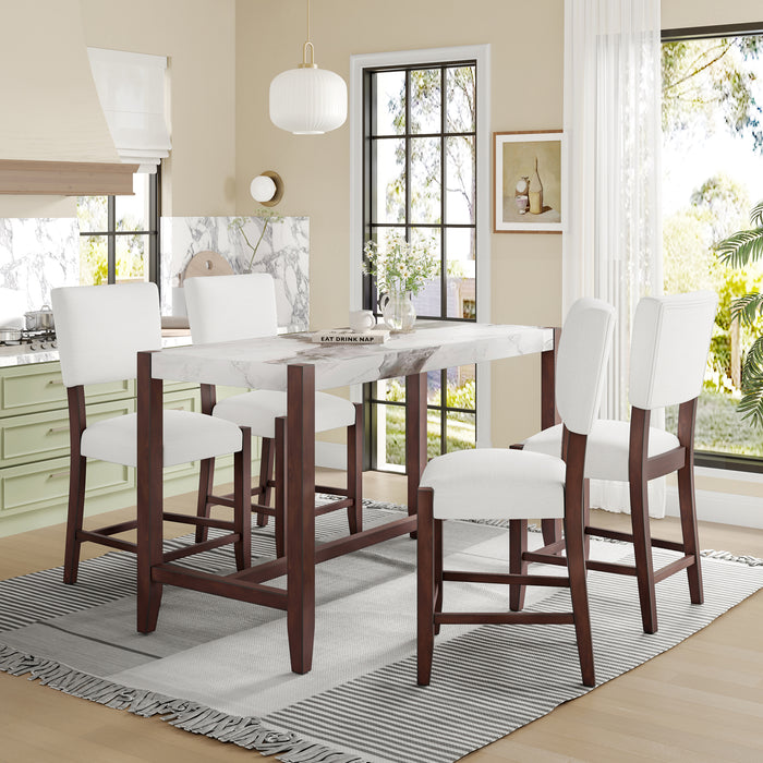5-Piece Counter Height Dining Table Set, Faux Marble Bar Table and 4 Upholstered-Seat Chairs, Mid-century Modern Dining Set for Dining Room, Pub Kitchen, Small Place
