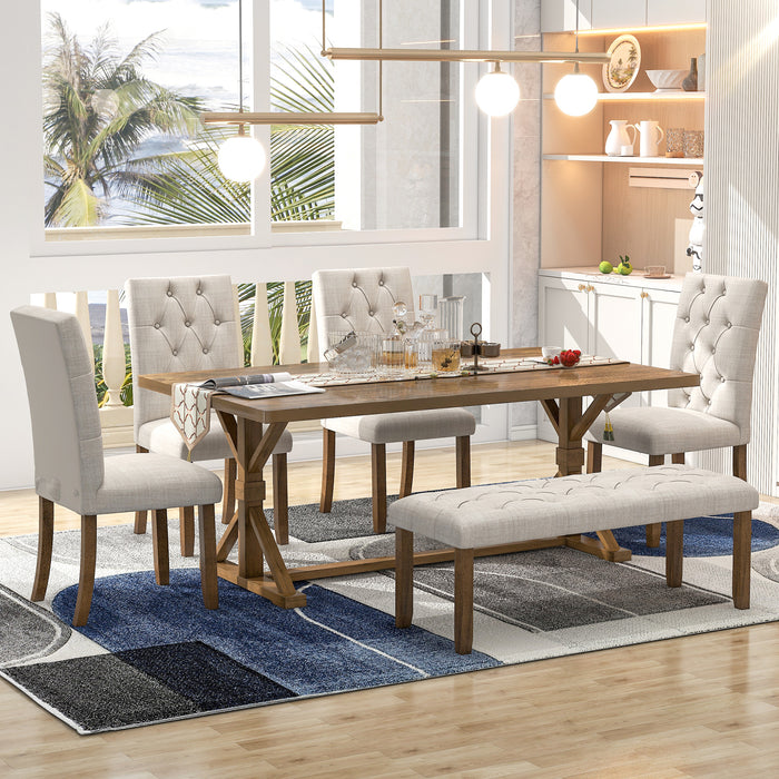 TREXM 6-Piece Farmhouse Dining Table Set 72' Wood Rectangular Table, 4 Upholstered Chairs with Bench (Walnut)