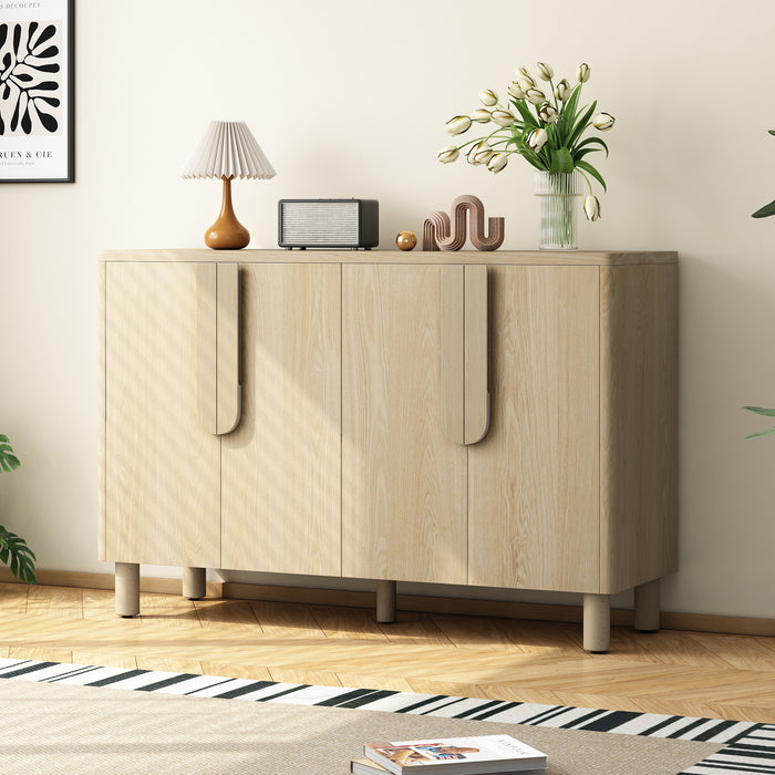 TREXM 4-Door Buffet Cabinet with Storage, Wood Sideboard Cabinet with Unique Arc Handles and Adjustable Shelves for Dining Room, Kitchen, and Living Room (Natural)
