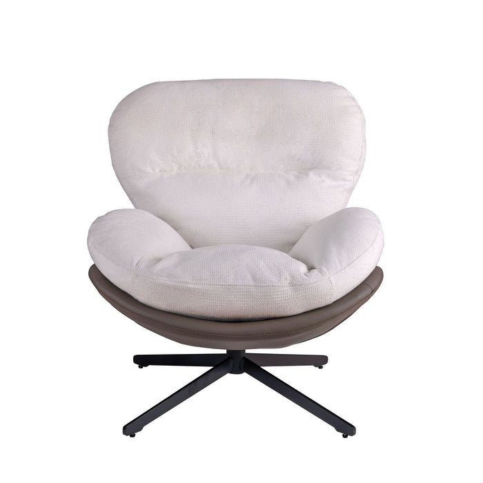 360° Swivel Office Chair, Modern Chenille Chair with Faux Leather and Black Metal Base Frame, No Wheels, Accent Chair for Small Spaces, Living Room, Bedroom, Reading Corner, Office, White