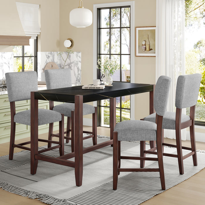 5-Piece Counter Height Dining Table Set, Faux Marble Bar Table and 4 Upholstered-Seat Chairs, Mid-century Modern Dining Set for Dining Room, Pub Kitchen, Small Place