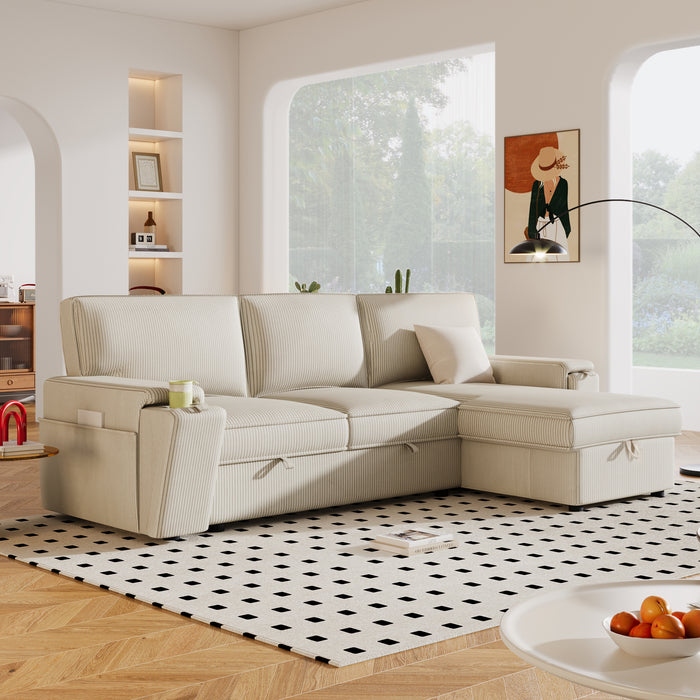 U_STYLE Upholstery Sleeper Sectional Sofa with Storage Bags and 2 cup holders  on Arms