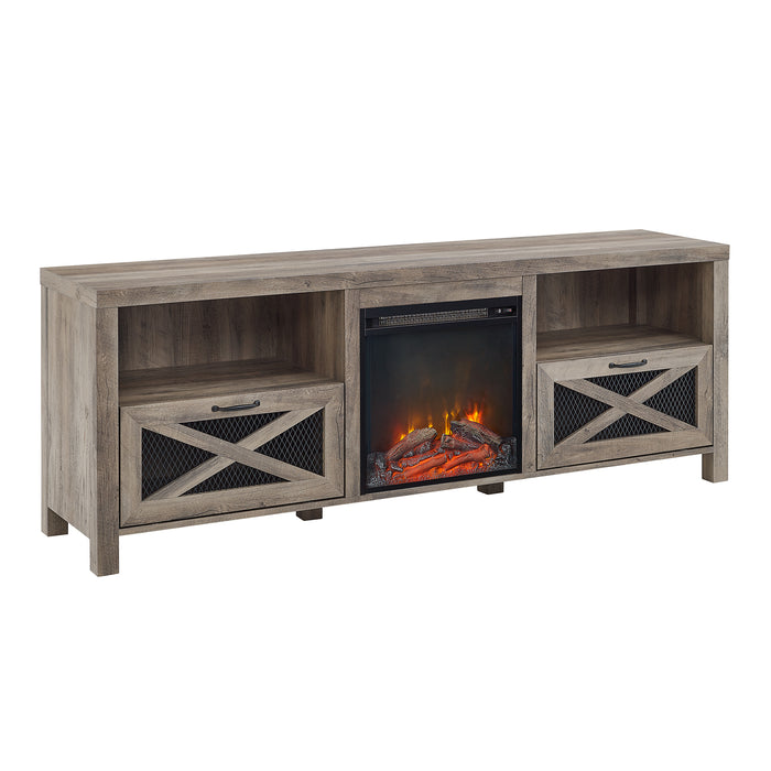 Industrial Farmhouse Metal Mesh Drop-Down X-Door 70' Fireplace TV Stand for 80' TVs - Grey Wash