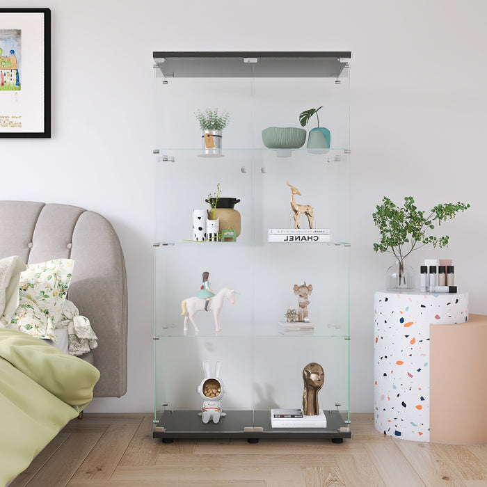 Two-door Glass Display Cabinet 4 Shelves with Door, Floor Standing Curio Bookshelf for Living Room Bedroom Office,  64.7'*31.7'*14.3',Black
