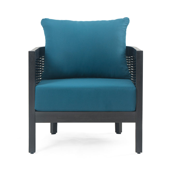 Outdoor Acacia Wood Wicker Club Chair with Cushions,Patio Furniture Conversation Seat for Backyard, Black + Polyester Dark Teal Cushion, 27.50' W x 29.50' D x 24.75' H