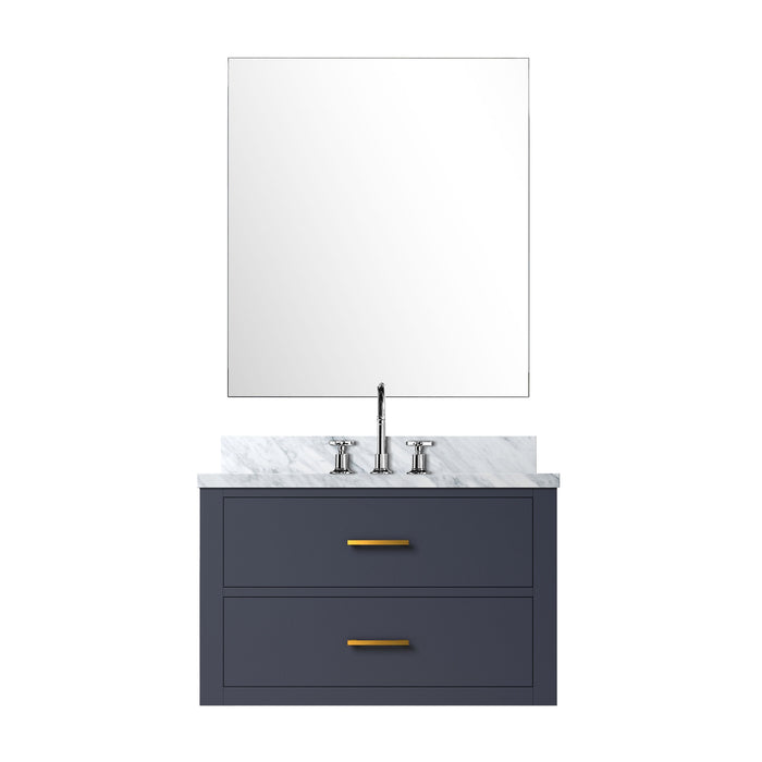Blue Single Bath Vanity 30 in. W x 22 in. D, Carrara Marble Countertop, 28 in. Mirror and Faucet Set
