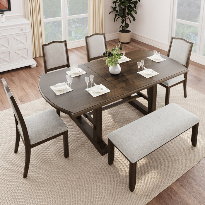 6-Piece Dining Table Set, 60inch to 78inch Extendable Wood Dining Table with Removable Leaf, Kitchen Table Set with 4 Upholstered Side Chair and Bench, Dining Table Set for 6 (Brown)