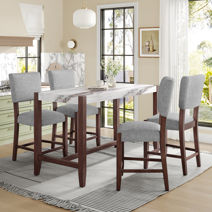 5-Piece Counter Height Dining Table Set, Faux Marble Bar Table and 4 Upholstered-Seat Chairs, Mid-century Modern Dining Set for Dining Room, Pub Kitchen, Small Place
