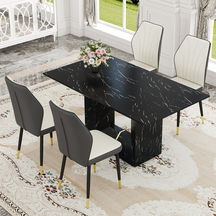 Table and chair set.Black Marble Pattern MDF Dining Set - 63'x35.4' with 4 White and dark gray spliced PU Chairs With a Widened Backrest Design.Giving you a luxurious feel.