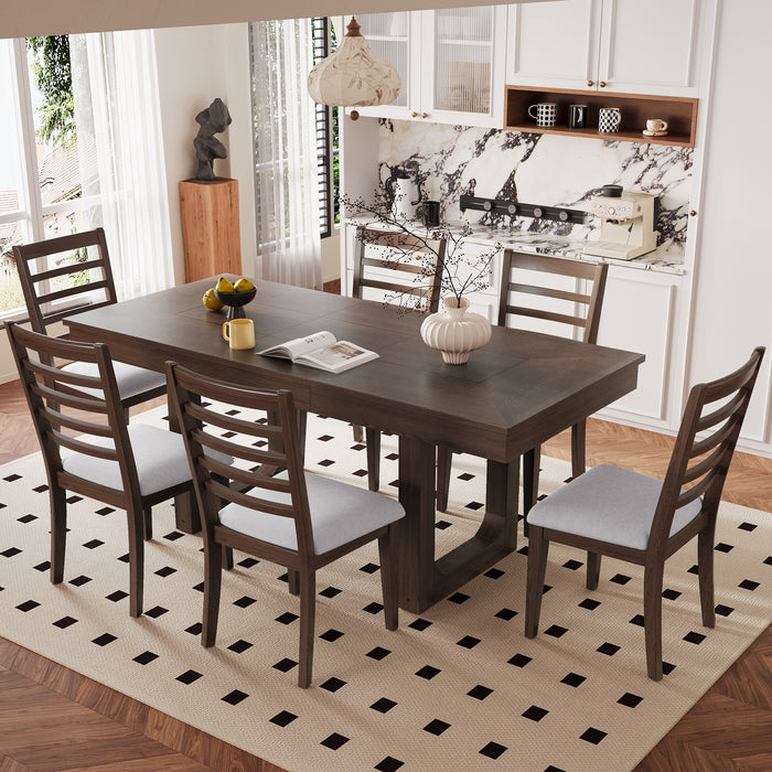 Sunny 7 Piece Extendable Dining Table Set, Farmhouse Extendable Table with 18' Move Leaf, 78' Rustic Wooden Kitchen Table and 6 piece Upholstered Chairs, Expanding Dining Room Table Set for Dining Room