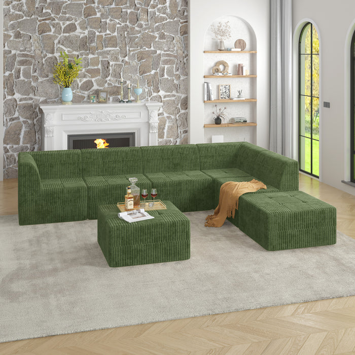 L shape Modular Sectional Sofa,DIY Compressed Sectional Sofa Modern Minimalist Style Corduroy Couch, Sleeper Sofa for Living Room, Bedroom, Comfy Compressed Sofa Couch Space-Efficient Design-GREEN