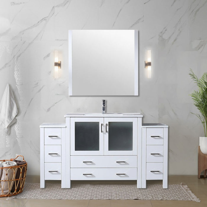 White Double Bath Vanity 60 in. W x 18.25 in. D, with Side Cabinet, White Ceramic Top, and Faucet Set