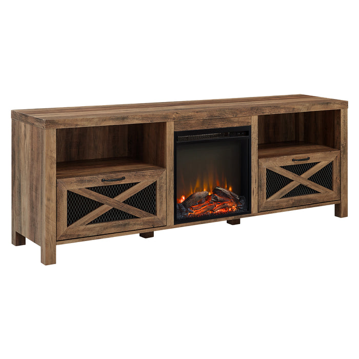 Industrial Farmhouse Metal Mesh Drop-Down X-Door 70' Fireplace TV Stand for 80' TVs - Rustic Oak