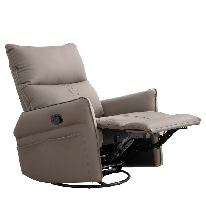 PU Rocking Recliner Chair, 360° Swivel Nursery Rocking Chair, Glider Chair, Modern Small Rocking Swivel Recliner Chair, Home Theater Seating, Side Pocket (Brown+360° Swivel)