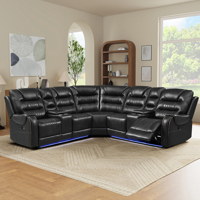 113.5' Manual Reclining Sectional Sofa Set L Shaped Symmetrical Motion Sofa Corner Couch Sets with Storage Boxes, 4 Cup Holders and LED Light Strip for Living Room,Black