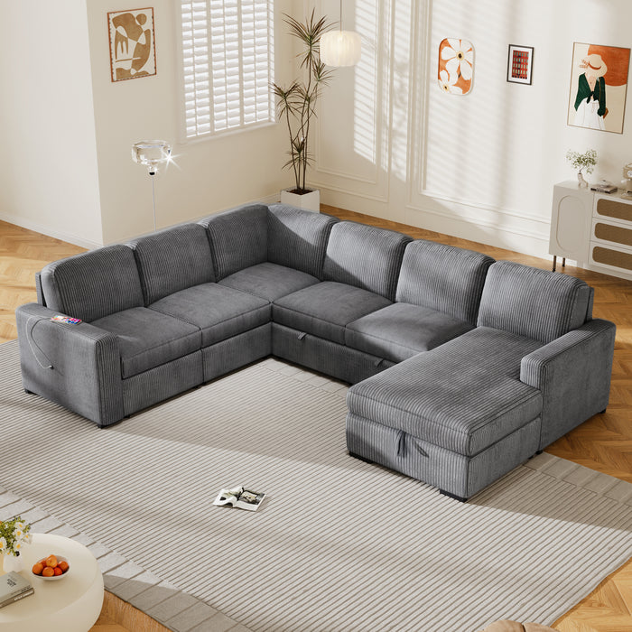 U_Style U-shaped Corduroy Combination Corner Sofa with Storage Lounge Chair, 6-seater Oversized Sofa, With USB interfaces,Suitable for Living Room, Office, and Spacious Space(old sku:WY000383AAE)