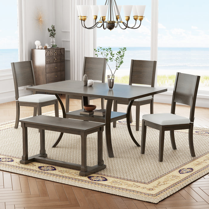 TOPMAX 6-Piece Wood Dining Table Set with Storage Shelf and Curved Legs, Kitchen Table Set with Bench and 4 Removable Cushions Dining Chairs, Modern Style, Brown+Gray Cushion