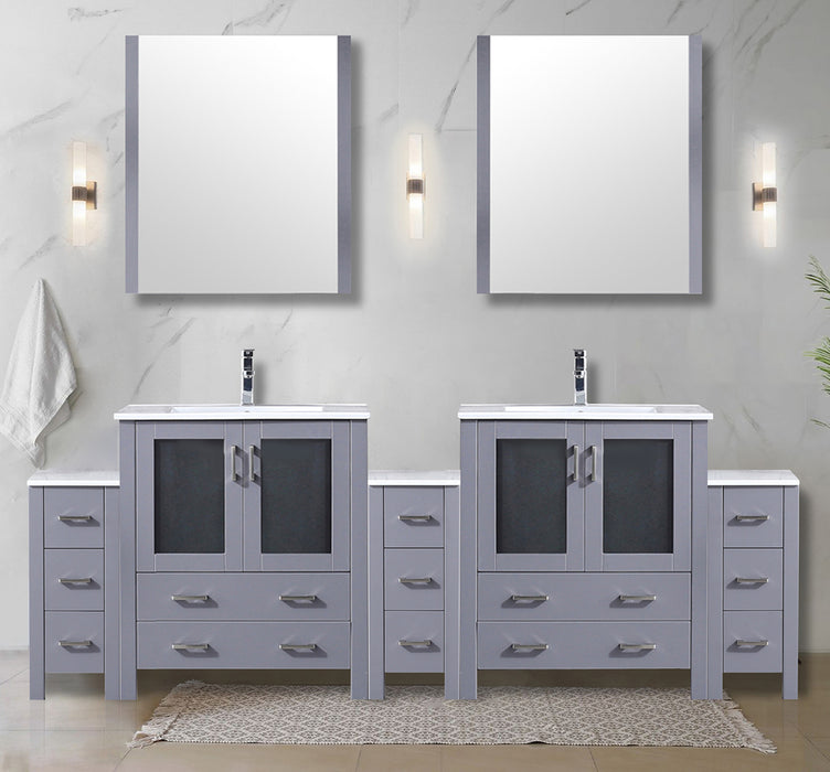 Dark Grey Double Bath Vanity 96 in. W x 18.25 in. D, with Side Cabinets, and White Ceramic Top